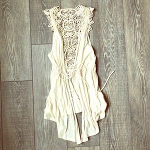 Beige tie top with crochet detail